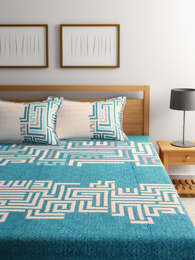 Romee Turquoise Blue Geometric Patterned Double Bed Cover With 2 Pillow Covers