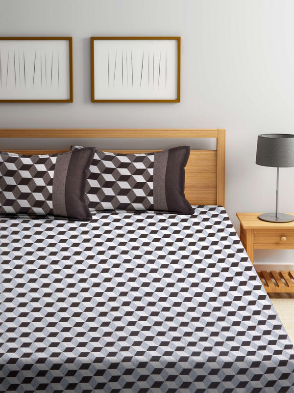 Coffee Brown & Off White Double Bed Cover with 2 Pillow Covers