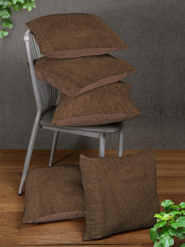 Cotton Chenille Fabric Albert Cushion Cover (16x16inch, Brown) - Set of 5