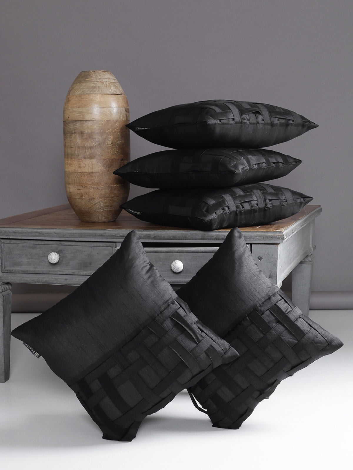 Polyester Designer Solid Plain Cushion Cover 16 inch x 16 inch, Set of 5 - Black