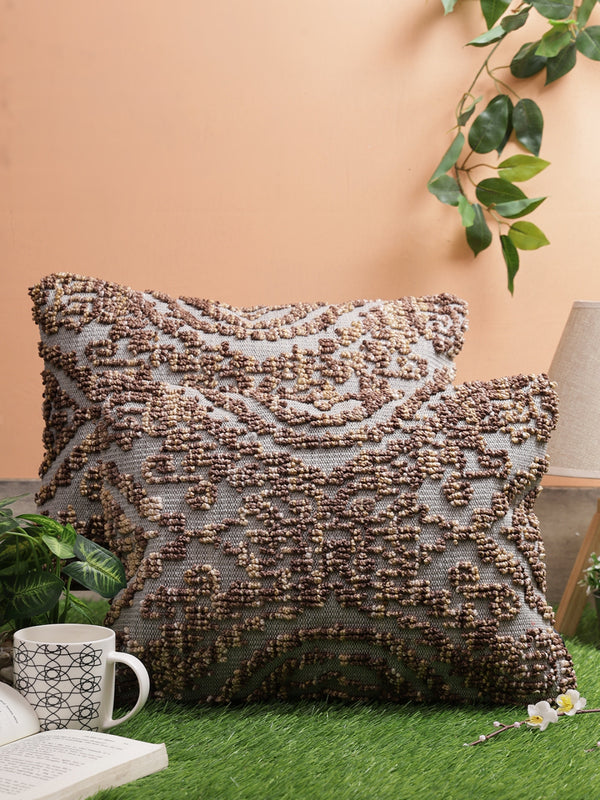 Brown & Grey Set of 2 Wool Tufted 12 Inch x 18 Inch Cushion Covers