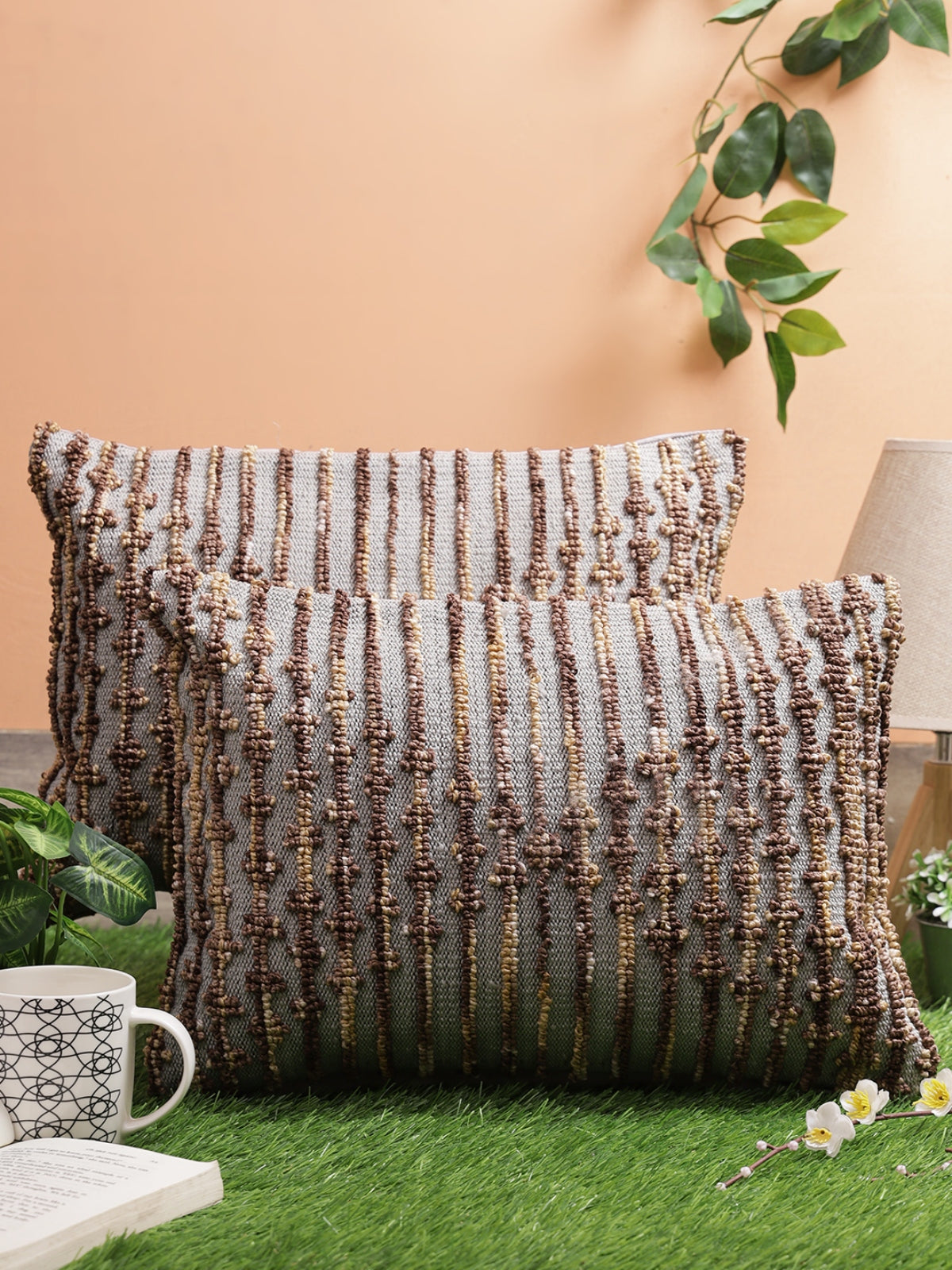 Brown & Grey Set of 2 Wool Tufted 12 Inch x 18 Inch Cushion Covers