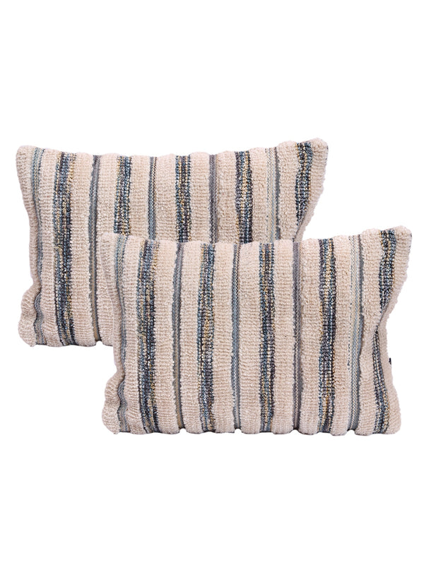 Cream & Blue Set of 2 Wool Tufted 12 Inch x 18 Inch Cushion Covers