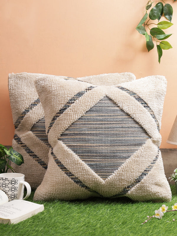 Beige & Grey Set of 2 Wool Tufted 18 Inch x 18 Inch Cushion Covers