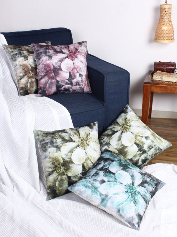 Polyester Velvet Fabric Floral Printed Cushion Cover 16x16 Set of 5 - Multicolor