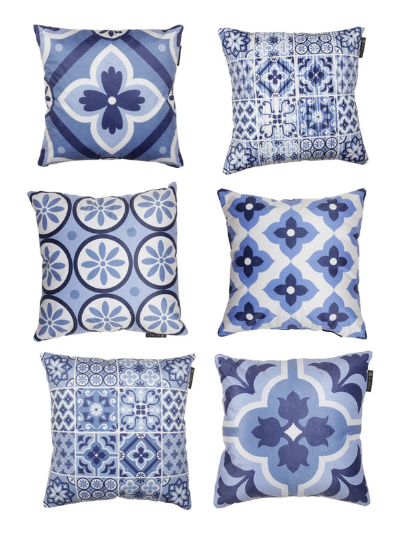 Soft Velvet Abstract Printed Throw Pillow/Cushion Cover 16x16 Set of 6 - Blue