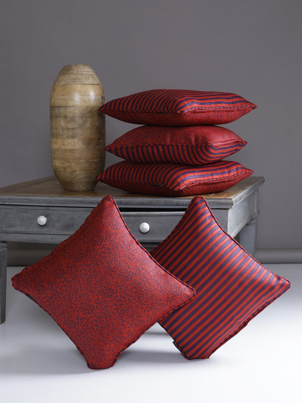 Striped 5 Piece Polyester Cushion Cover Set - 16" x 16", Maroon and Navy Blue
