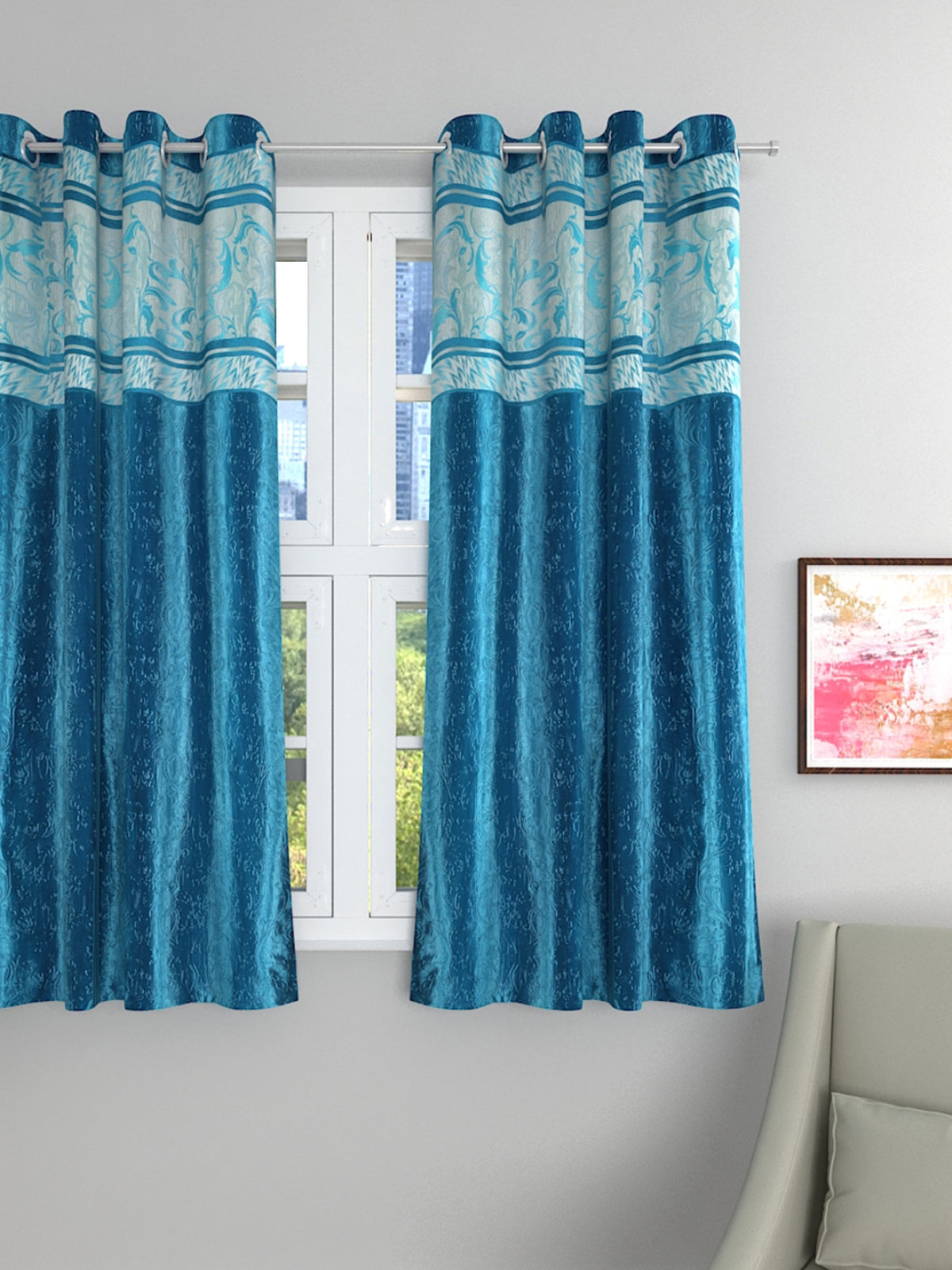 Romee Turquoise Blue Jacquard Set of 1 Curtain Door Curtains