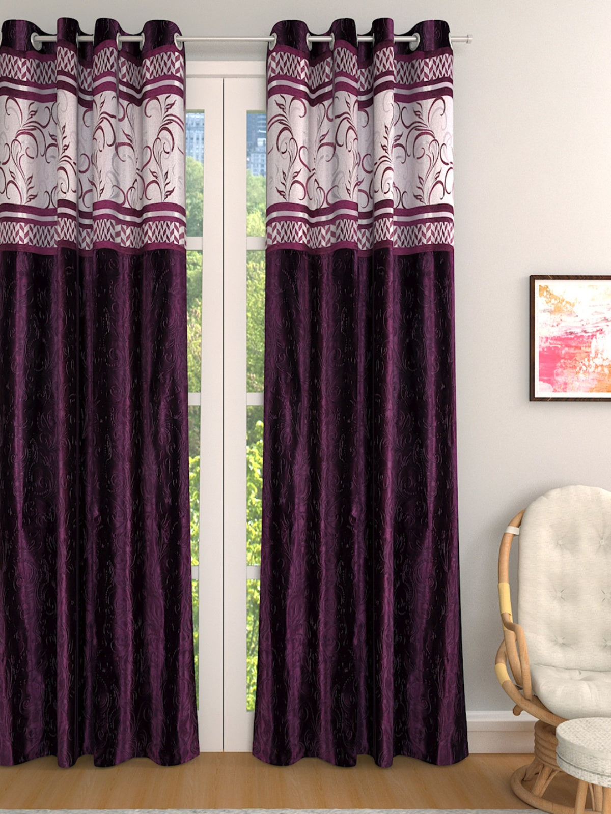 Purple Set of 1 Leaf Room Darkening Long Door Curtain