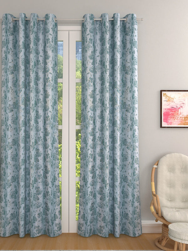 White & Green Set of 2 Floral Room Darkening Door Curtain