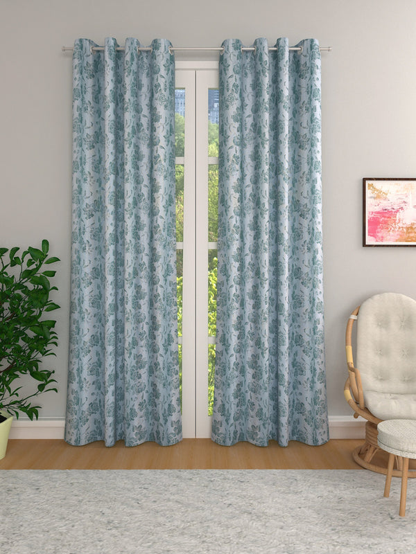 White & Green Set of 2 Floral Room Darkening Door Curtain