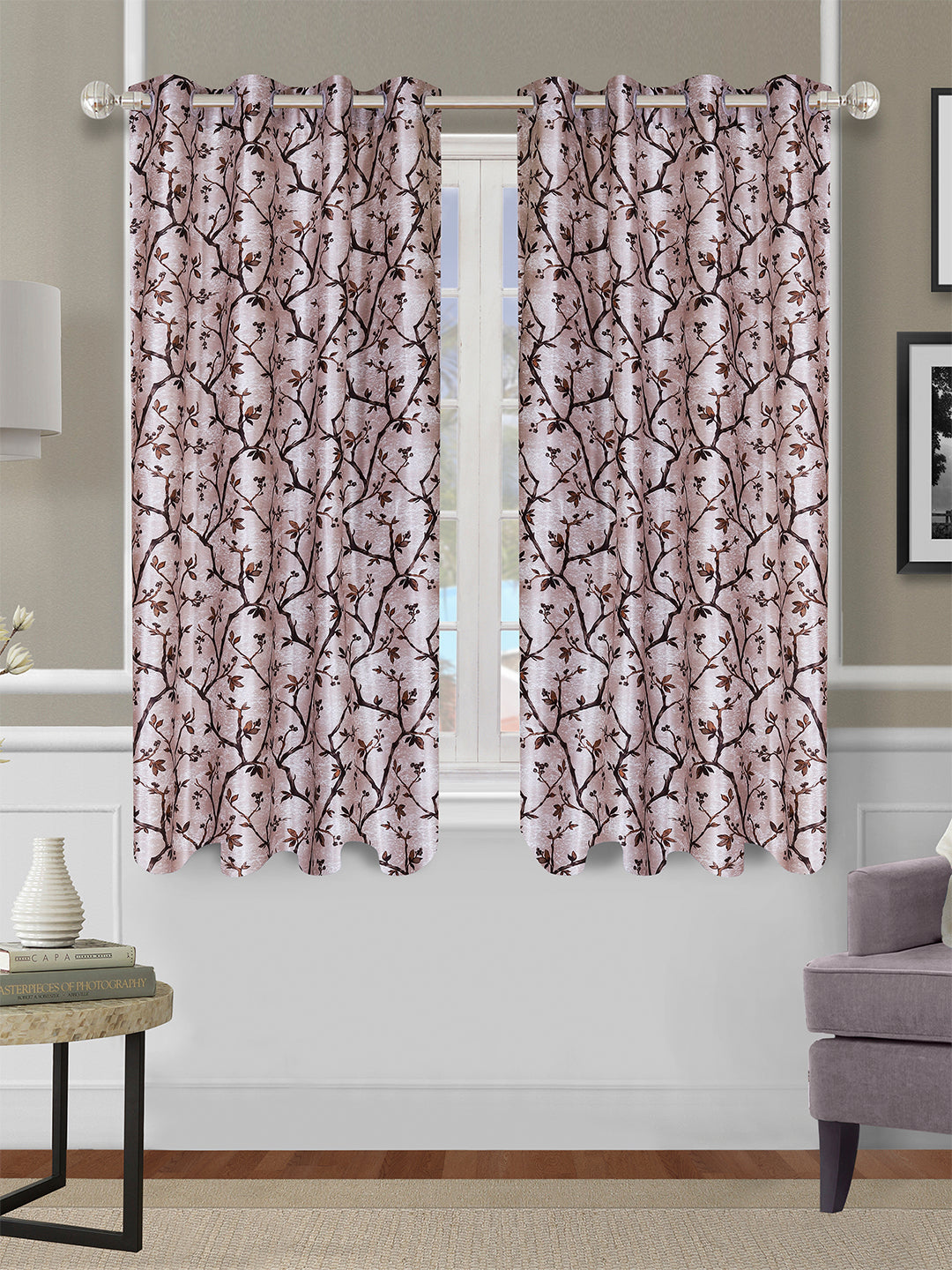 Romee Brown & Cream Floral Patterned Set of 2 Window Curtains