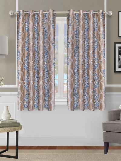 Romee Beige & Blue Floral Patterned Set of 2 Window Curtains