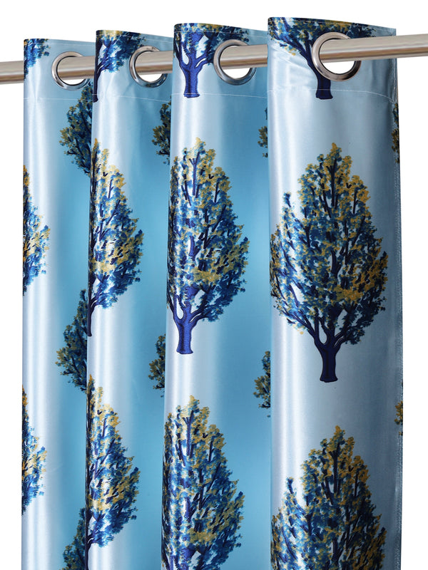 Romee Sky Blue Tree Patterned Set of 2 Long Door Curtains