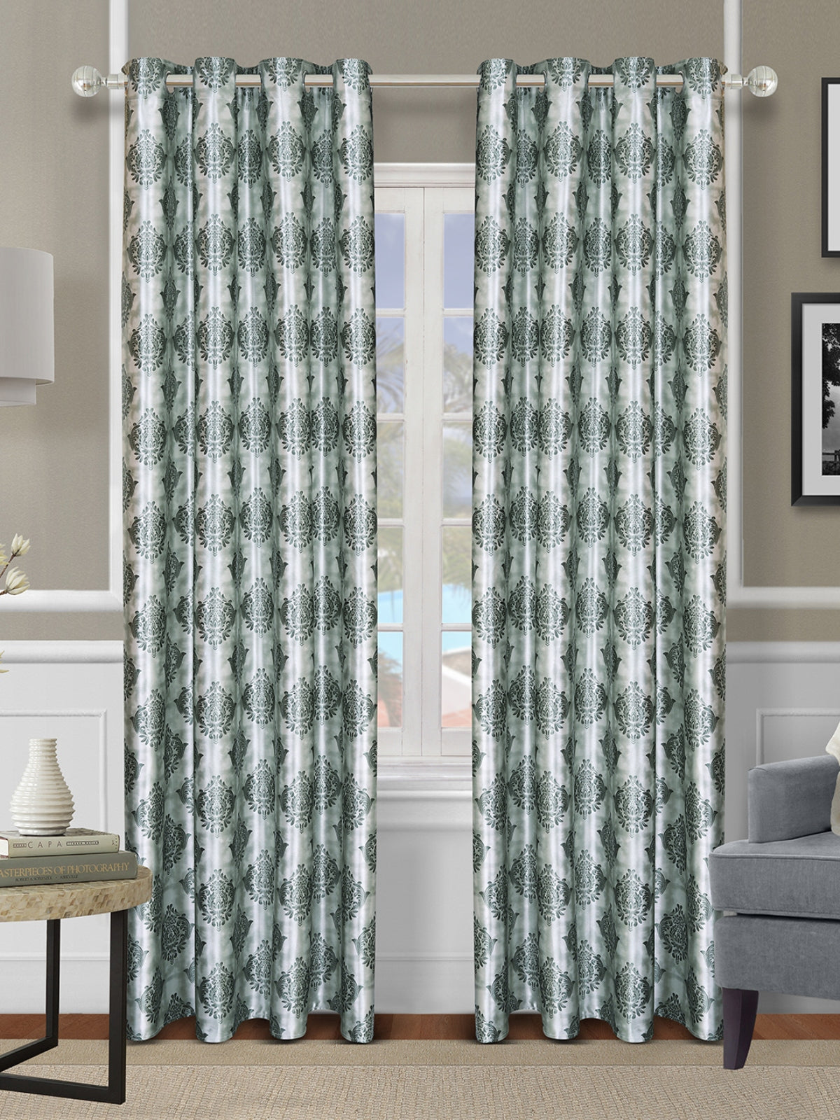 Romee Teal Green Damask Patterned Set of 2 Long Door Curtains