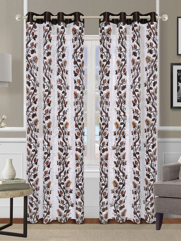 Romee Brown & Off White Floral Patterned Set of 2 Long Door Curtains