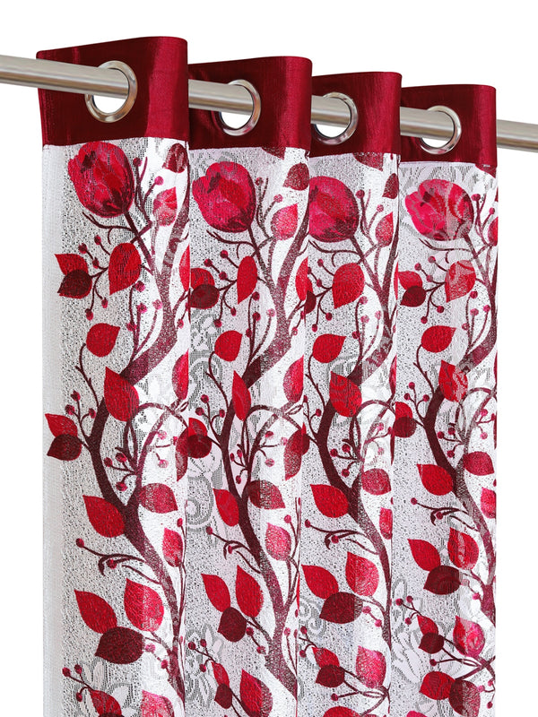 Romee Maroon & Off White Floral Patterned Set of 2 Long Door Curtains