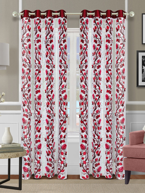Romee Maroon & Off White Floral Patterned Set of 2 Long Door Curtains