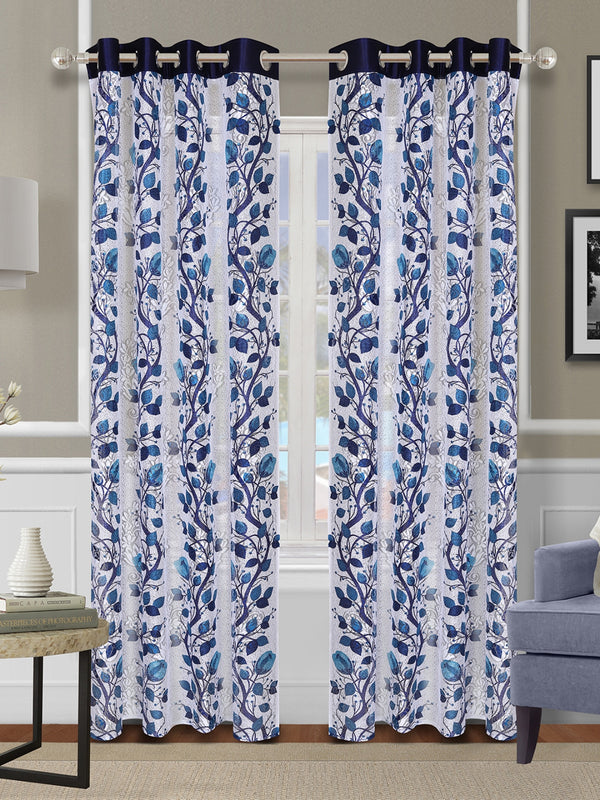 Romee Blue & Off White Floral Patterned Set of 2 Long Door Curtains