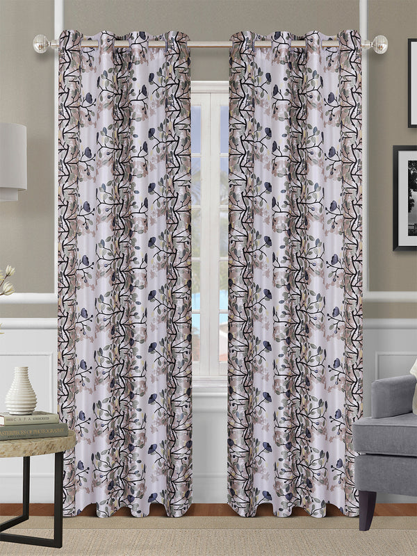 Romee Off White & Green Floral Patterned Set of 2 Long Door Curtains