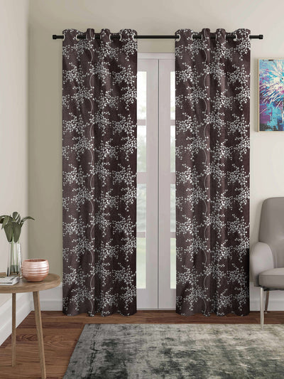 Romee Coffee Brown Floral Patterned Set of 2 Long Door Curtains