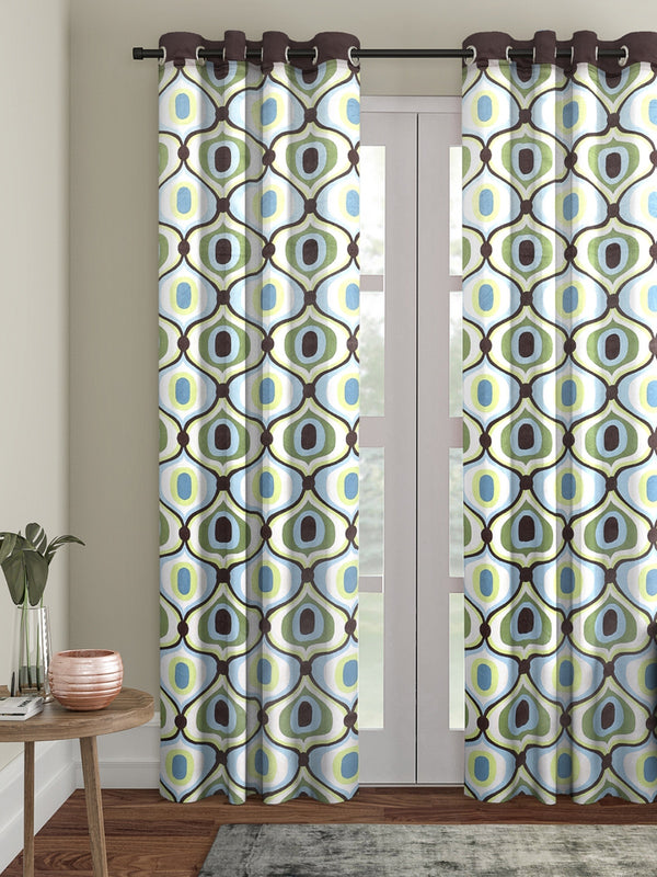Romee Green & Blue, White Geometric Patterned Set of 1 Door Curtains