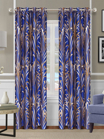 Romee Royal Blue Leafy Patterned Set of 2 Door Curtains