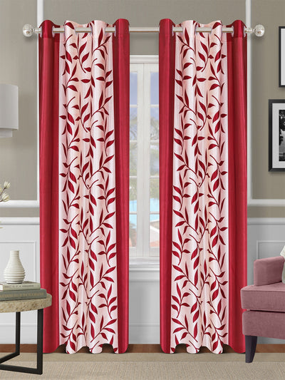 Romee Maroon & Cream Leafy Patterned Set of 2 Door Curtains