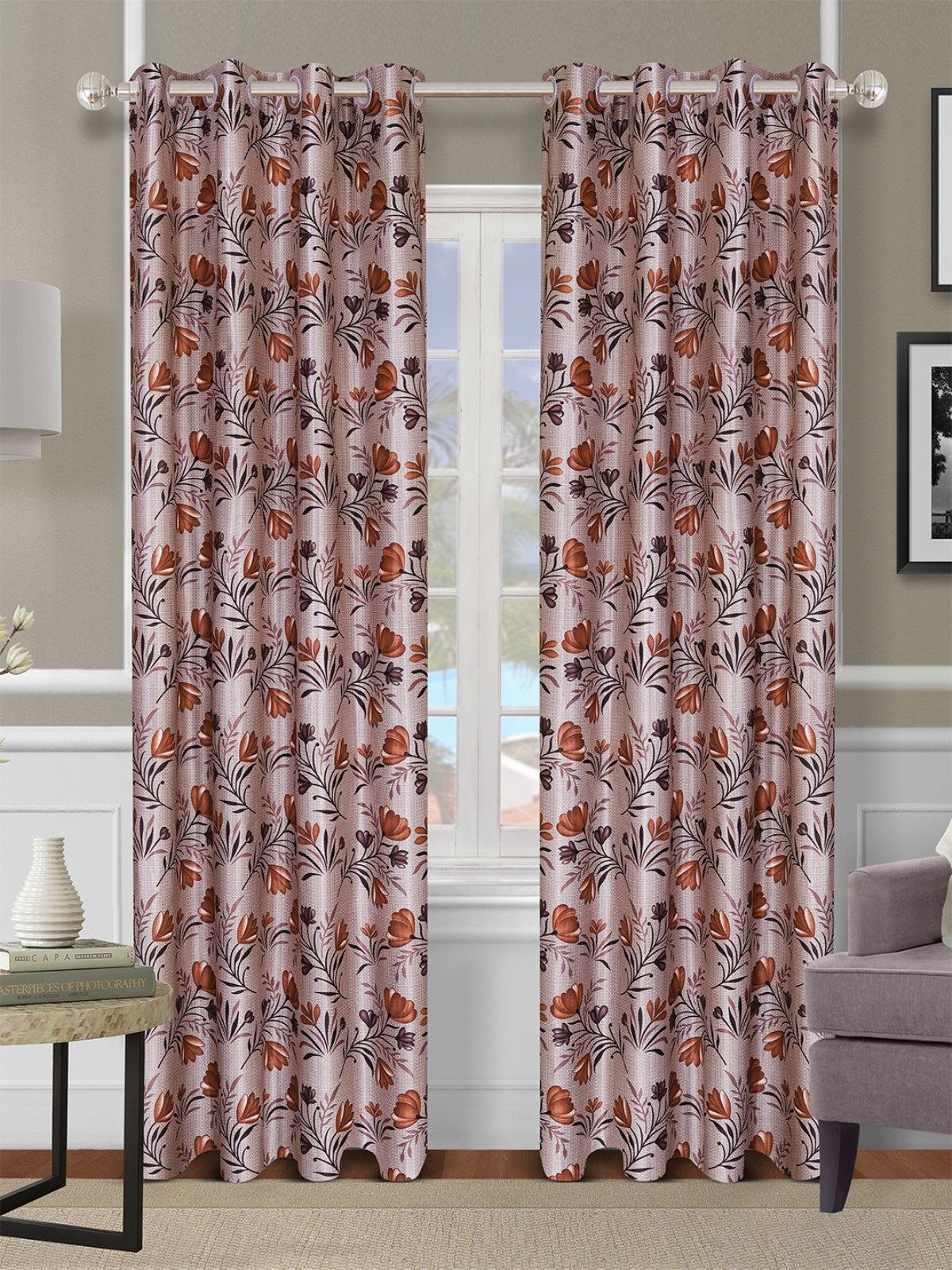 Romee Brown Floral Patterned Set of 2 Long Door Curtains