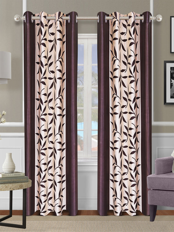 Romee Brown & Cream Leafy Patterned Set of 2 Long Door Curtains