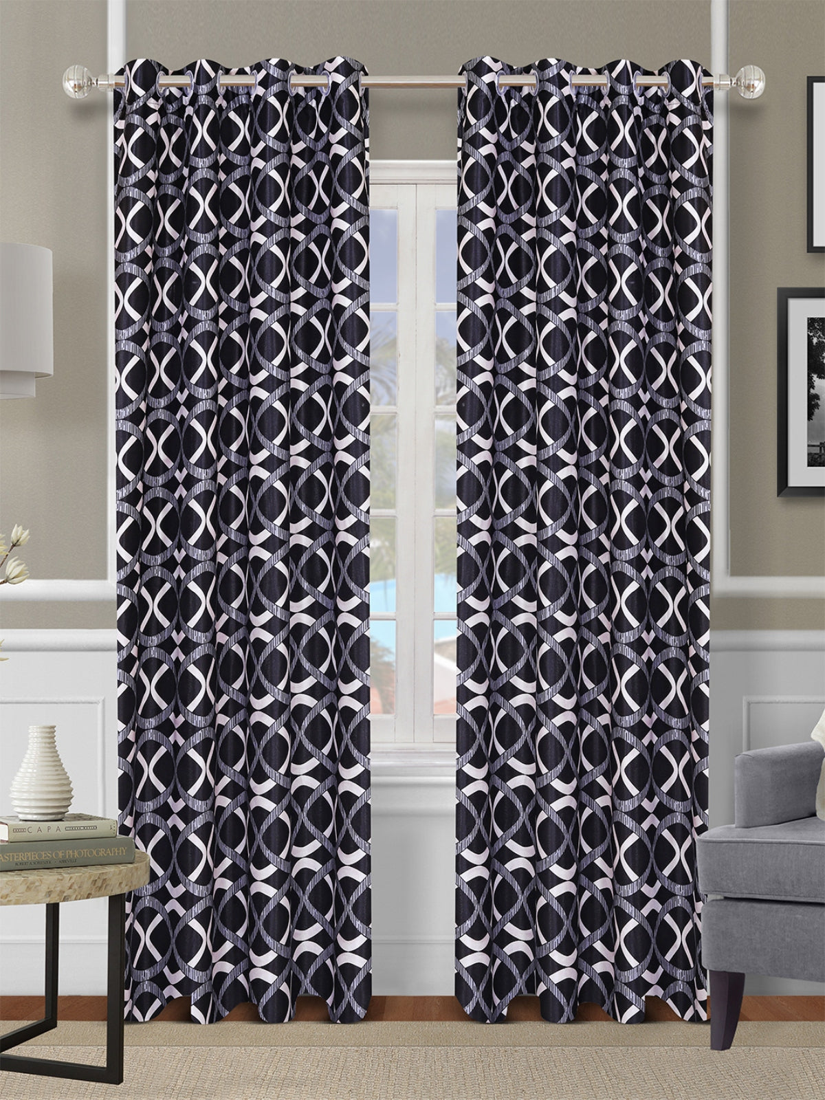 Romee Dark Blue Geometric Patterned Set of 2 Long Door Curtains