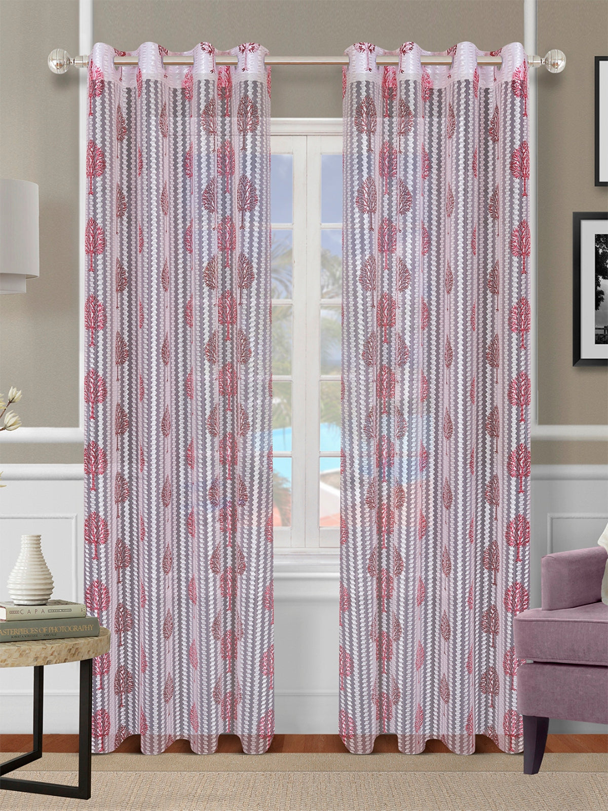 Romee Maroon & Off White Floral Patterned Set of 2 Long Door Curtains