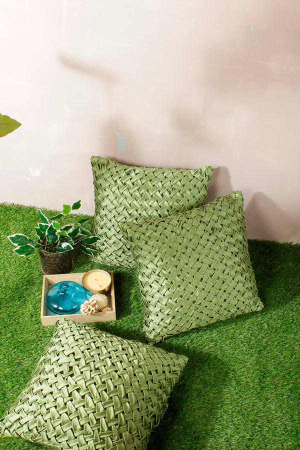 Soft Polyester Chenille Designer Plain Cushion Covers 16 inch x 16 inch Set of 3 - Green