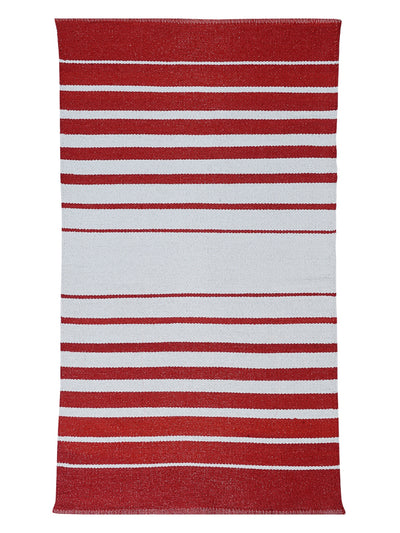Red & White 3 ft x 5 ft Stripes Patterned Dhurrie