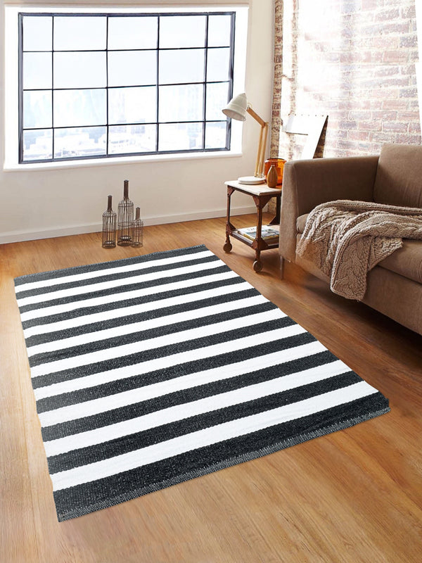 Black 3 ft x 5 ft Striped Patterned Dhurrie