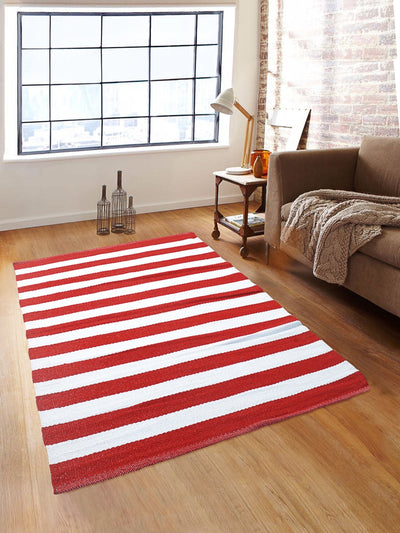 Red 3 ft x 5 ft Stripes Patterned Dhurrie