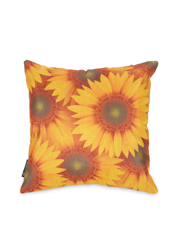 Yellow & Maroon Set of 3 Floral Printed Jute Polyester Square Cushion Covers