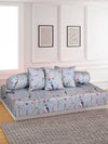 Floral Printed Cotton Diwan Set with Bolster and Cushion Covers - Grey
