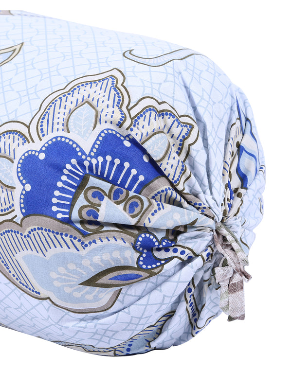 Floral Printed Cotton Diwan Set with Bolster and Cushion Covers - Blue