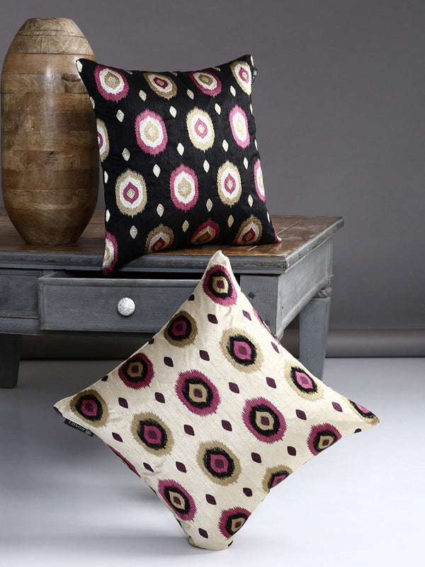 Soft Polyester Designer Embroidered Cushion Cover 16x16 Set of 2 - Black & Gold
