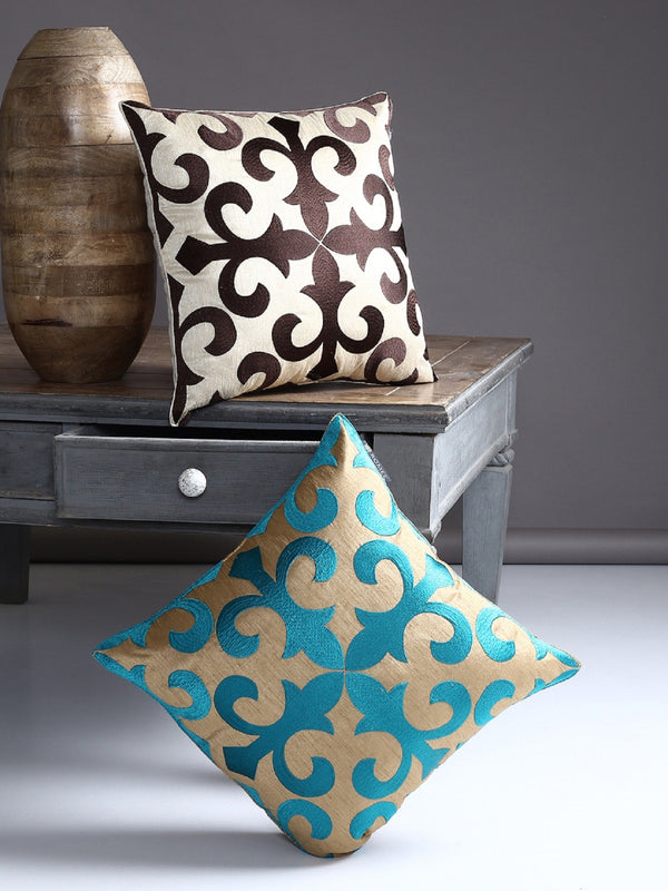 Soft Polyester Designer Embroidered Cushion Cover 16x16 Set of 2 - Brown and Turquoise