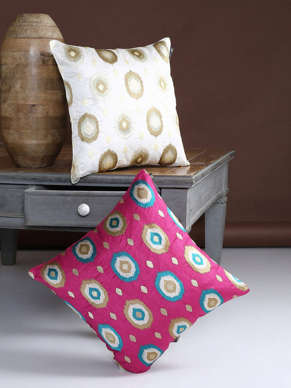 Soft Polyester Designer Embroidered Cushion Cover 16x16 Set of 2 - Gold & Pink