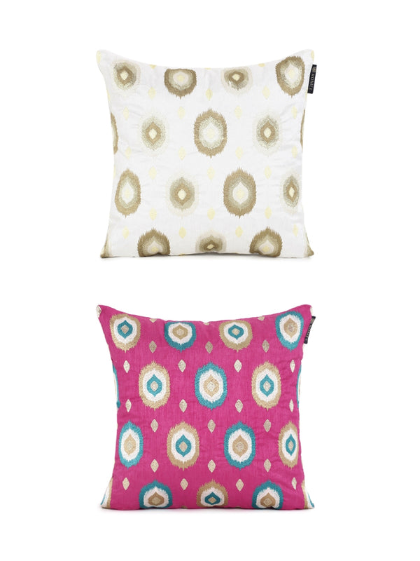 Soft Polyester Designer Embroidered Cushion Cover 16x16 Set of 2 - Gold & Pink