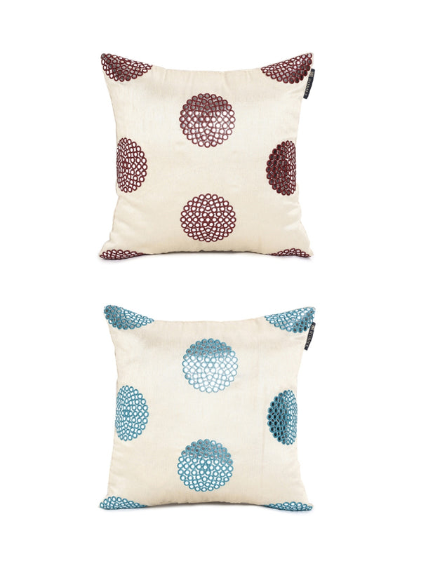 Soft Polyester Designer Embroidered Cushion Cover 16x16 Set of 2 - Maroon & Blue