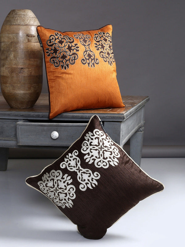 Embroidered 2 Piece Polyester Cushion Cover Set - 16" x 16", Orange and Brown