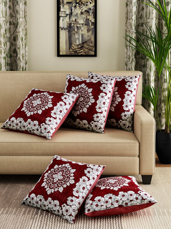 Soft Polyester Chenille Fabric Floral Cushion Covers 16x16 Set of 5 - Red