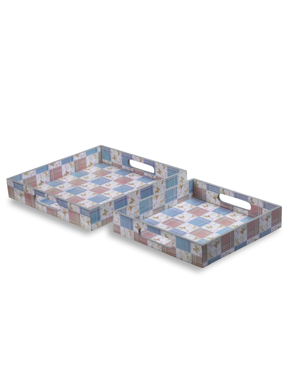 Multicolor Set of 2 Wooden Large & Small Trays for Dining & Serving Table