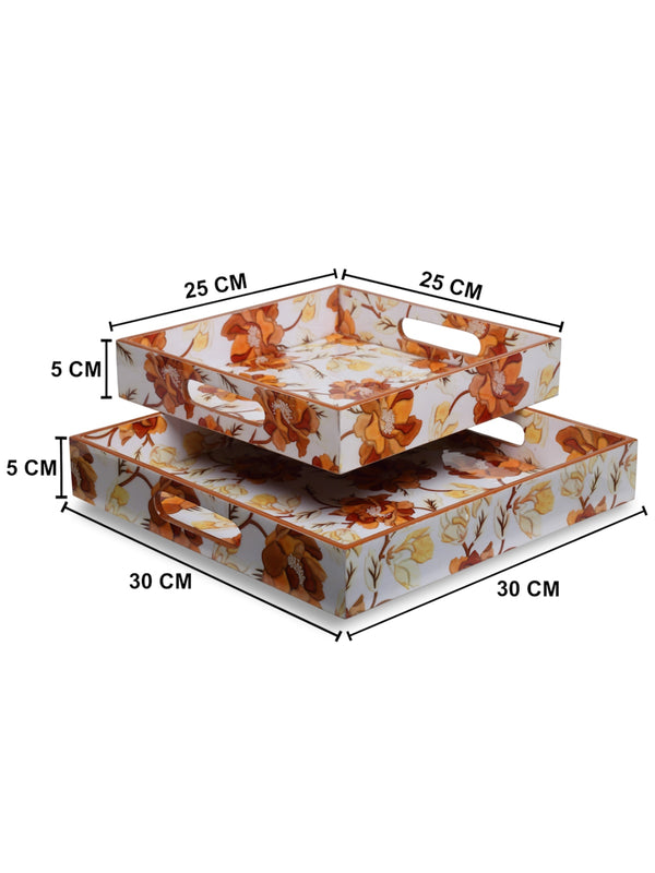 White & Brown Set of 2 Wooden Large & Small Trays for Dining & Serving Table