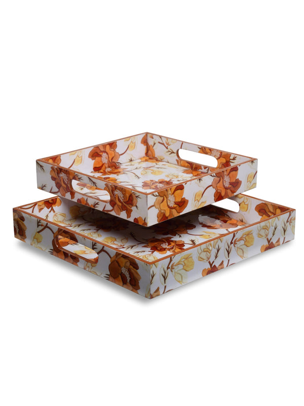 White & Brown Set of 2 Wooden Large & Small Trays for Dining & Serving Table