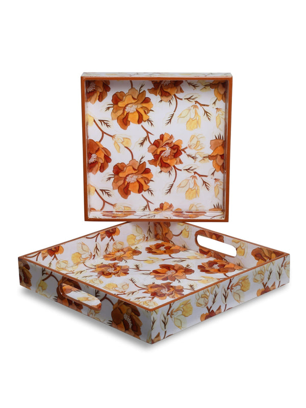 White & Brown Set of 2 Wooden Large & Small Trays for Dining & Serving Table